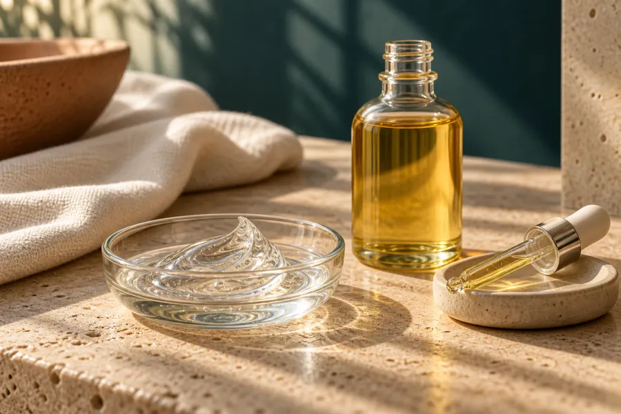 Clear gel in a glass dish beside an unlabelled bottle of golden massage oil and a pipette