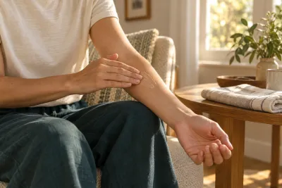 An adult gently spreading a small dab of gel over their forearm by a sunny window