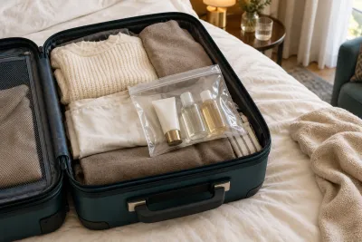 A clear toiletries bag resting on folded clothes in an open teal carry-on suitcase