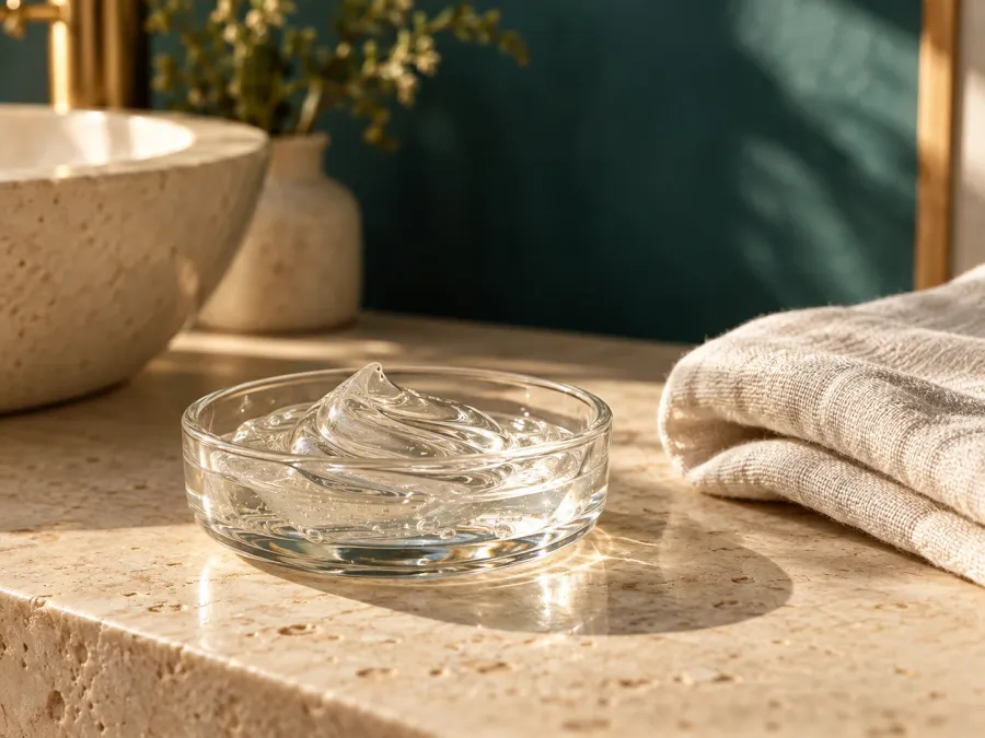 Clear gel in a glass dish beside ivory linen on a sunlit stone surface