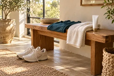 An unbranded gel tube and folded towel on an oak bench above a pair of walking shoes
