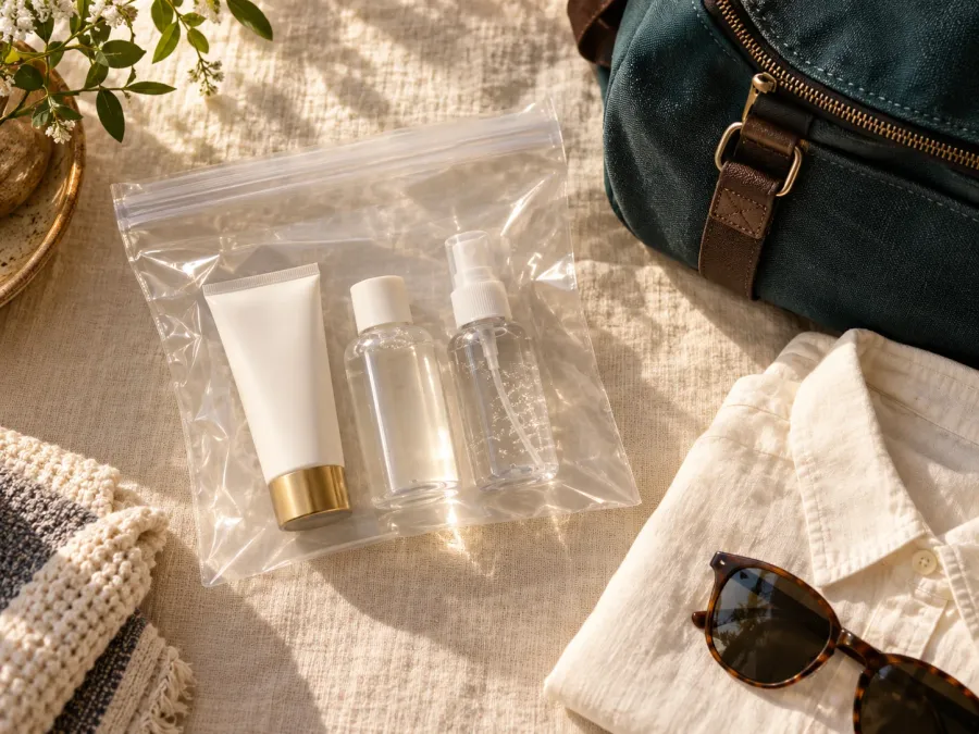 Small unbranded tube and travel bottles in a clear resealable bag beside a teal weekend bag