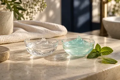 Conceptual comparison of clear and pale aqua gels in glass dishes beside mint leaves