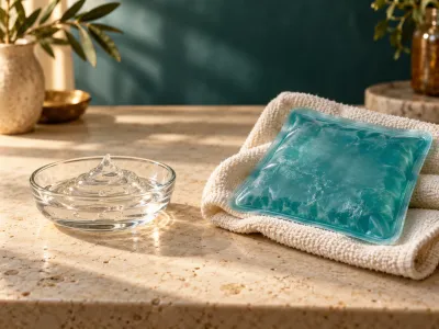 Clear topical gel in a glass dish beside a sealed teal cold pack resting on a cream towel